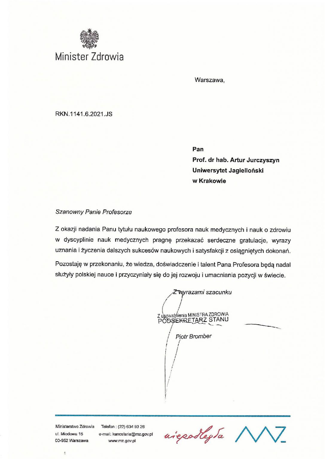 List Gratulacyjny Od Ministra Zdrowia Fundacja Centrum Leczenia Szpiczaka 5892